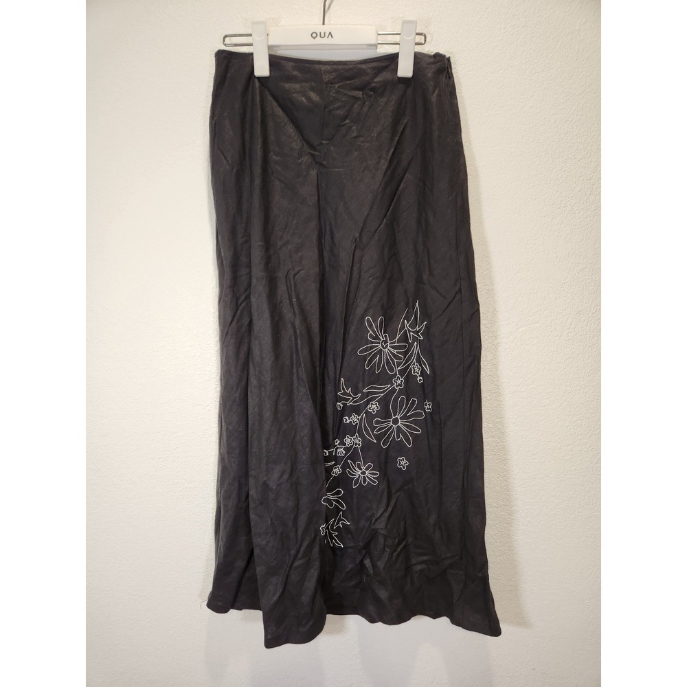 Merona Womens Black 100% Linen Floral Embroidered Maxi Skirt Size 6 Side Zip